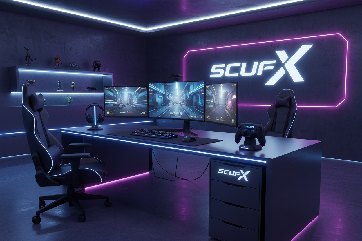 Ein Gaming Room mit Ps5 Controller  und dem Logo: ScufX